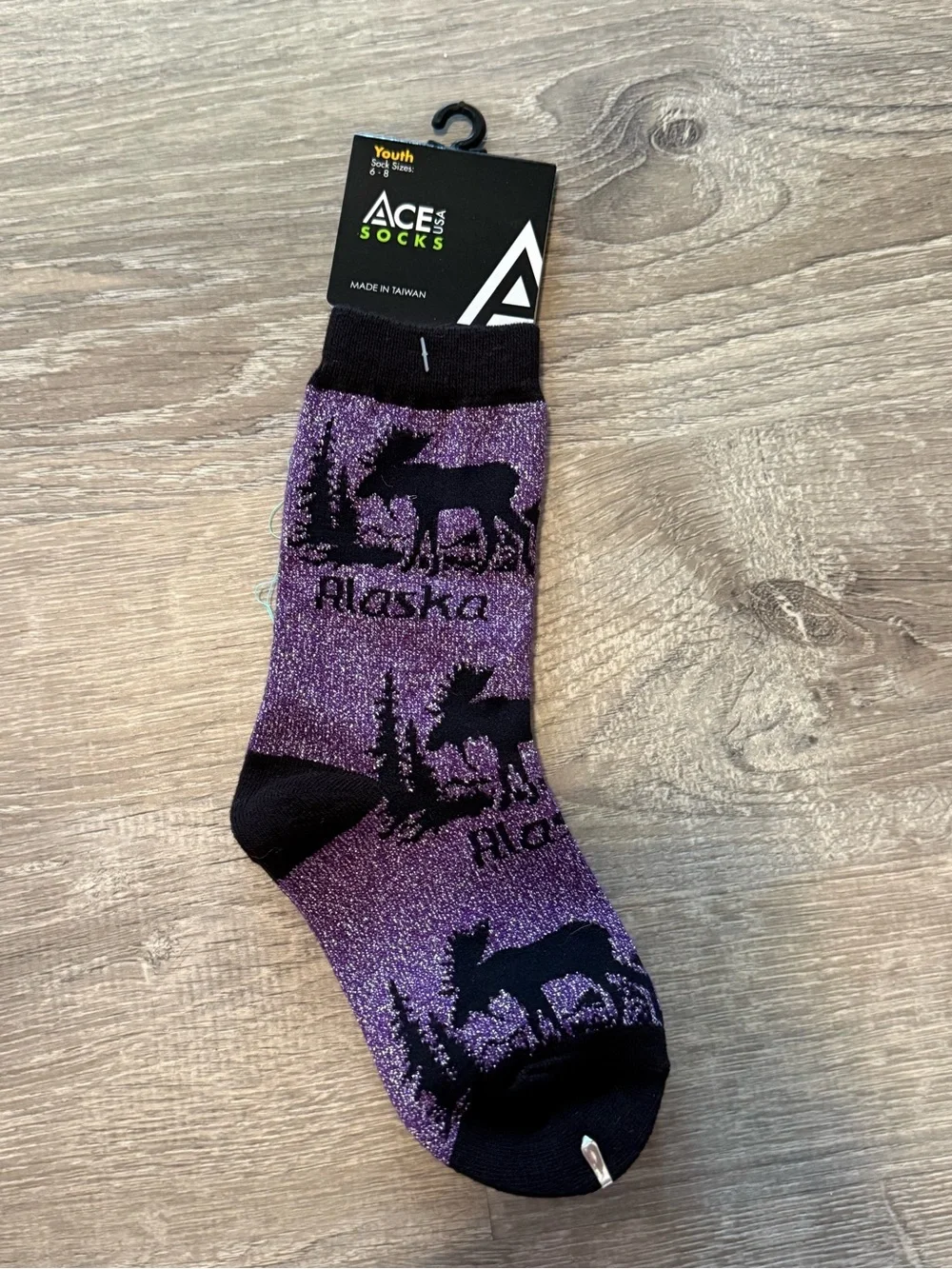Alaska Exclusive Moose Mountain Wildlife Purple Sparkly Socks